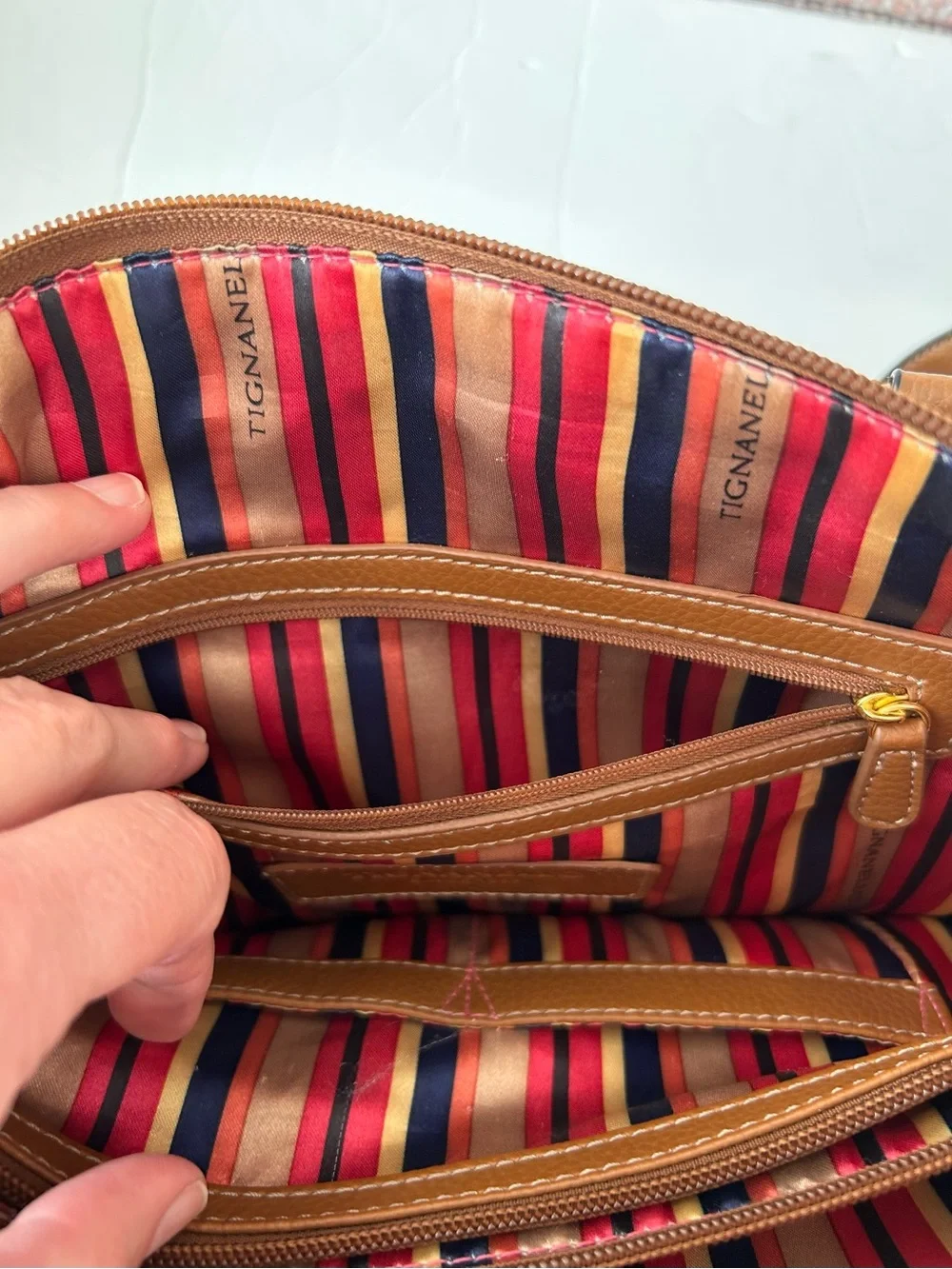 Tignanello Est. 1989 Brown Navy Leather Handbag Plus Shoulder Bag Gold Hardwar
